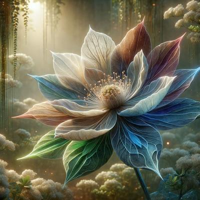 The primary subject of the image is a large, colorful flower with a vibrant, rainbow-colored petal. The flower is situated in a forest setting, surrounded by trees and plants. The visual style of the image is a combination of photo and digital art, creating a unique and eye-catching representation of the flower. The dominant colors in the image are the rainbow hues of the flower petals, which evoke a sense of beauty, vibrancy, and natural wonder.